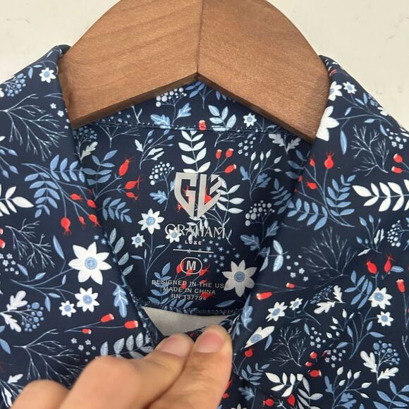 Graham Luxe Polo Golf Shirt Winter Flower Navy Collared New with Tags Medium - Picture 6 of 8